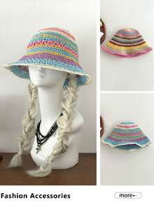 Dopamine Striped Straw Fisherman Hat Women Summer Hollow Out Breathable Bucket Hat Slimming Face Sun Protection Sun Hat Plus Size Rainbow Striped Hollow Straw Hat Women Travel Outdoor Sun Protection Face Covering Sun Hat Women New Wide Brim Slimming Face Large Head Circumference Handmade Woven Large Size Fisherman Hat Vacation Beach Bucket Hat Back To School - Multicolor - View 4