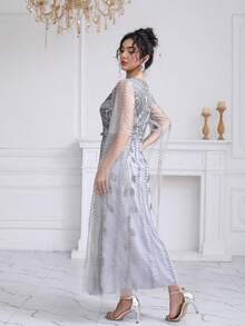 JINLICX Light Grey Silver Beaded Tassel Maxi Dress Round Neck Sheer Fringe Sleeve Luxury Evening Gown For Wedding Banquet - Grey - View 4