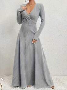 Women's Plus Size Solid Color Knit Fabric Ruched Waist/Pleated Waist Dress For Date, Formal Evening, Spring And Autumn - Light Grey - View 2
