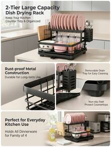 VOOVA 2 Tier Carbon Steel Kitchen Counter Dish Rack Strainer, Large Capacity Tableware Storage Organizer Shelf With Removable Drainboard & Side Caddy Holder For Home Cooking Area - Black - View 3