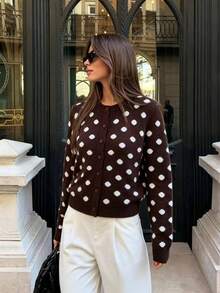 DEEKA Autumn/Winter New Women's European And American Style Fashion Minimalist Polka Dot Knit Cardigan - Brown - View 1