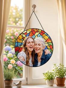 1pc Custom Photo Stained Glass Style Hanging Plaque, Personalized Family Portrait Round Window Hanging Ornament,Unique Keepsake Souvenir Gift For Mother's Day, Family Reunion, Birthday, Holiday Present - Multicolor - View 4