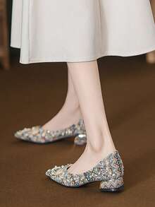 Heavy Beaded Rhinestone Pointed Toe Low Heel Women's Slip-On Shoes, Vintage Jacquard Fabric Party Wedding Shoes - Color - View 12