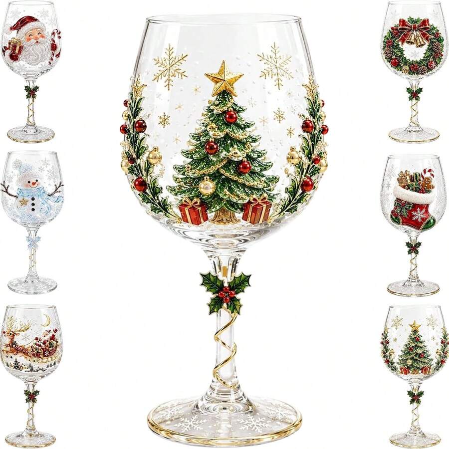Christmas Wine Glass Collection, Holiday Wine Cups With Cute Christmas Sticker Designs, Festive Drinkware Set For Party, Dinner, Home Bar Decor - Multicolor - View 1