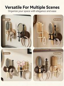 Drill-Free Wall Mount Hair Tool Organizer, Wooden Bathroom Storage Rack For Brushes, Claw Clips & Hair Ties, No-Drill Space Saver - Multicolor - View 7