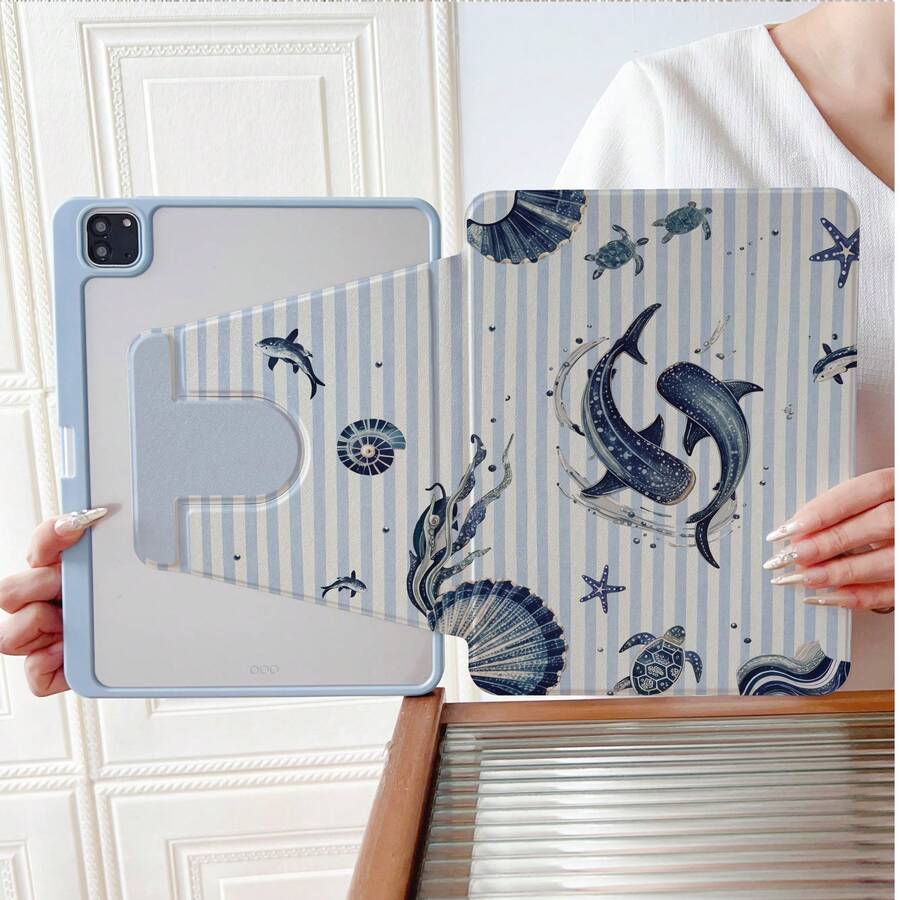 1件海洋鯨魚鯊魚海龜條紋360°旋轉平板保護殼，相容iPad 11/A16/10th/Air4/5/6/Pro 12.9/2024/2025/2020/2021/2022/2023/10.2/10.9，相容Galaxy Tab A8/A9 Plus/S6 Lite/S7/S9FE PLUS，相容小米，適用於辦公、旅行和居家使用，相容Oppo Pad、MatePad、Pad、Honor Pad、Xiaoxin Pad