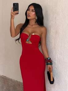 1pc Solid Color Elegant Knit Fabric Sleeveless Dress Beach Summer - Red - View 4