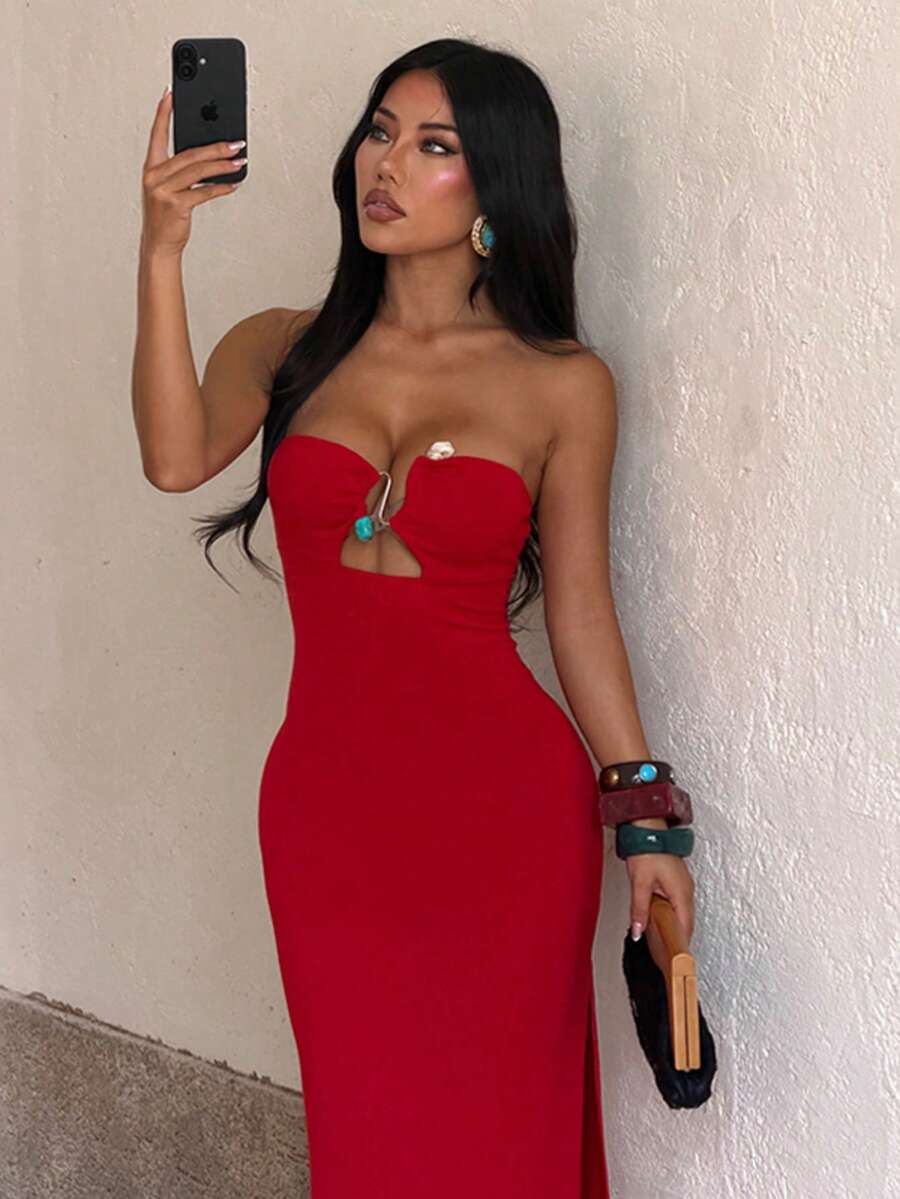 1pc Solid Color Elegant Knit Fabric Sleeveless Dress Beach Summer - Red - View 1