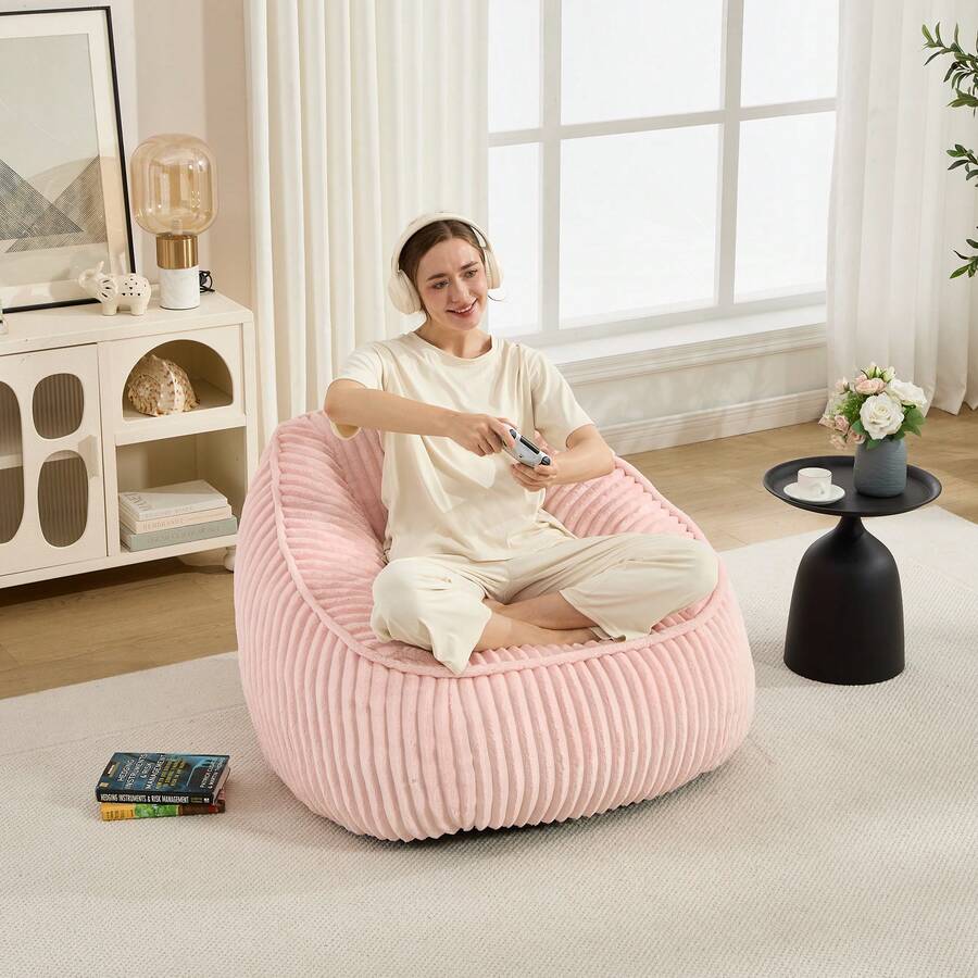 Memory Foam Pouf, Striped Bubble Plush, Soft, Comfortable, Cozy Sofa For Living Room, Apartment, And Dorm - Baby Pink - View 1