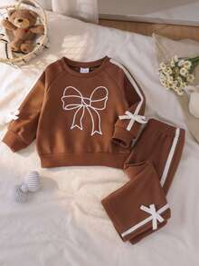 2pcs Baby Girls Casual Comfortable Large Bow Print Crew Neck Long Sleeve Sweatshirt And Side Stripe Straight Leg Pants Set, Spring/Autumn - Brown - View 2