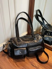 Nicekee 個性化復古多口袋機車風單肩托特包,適合女性,日常通勤、購物與旅行 - 黑色 - 查看 9
