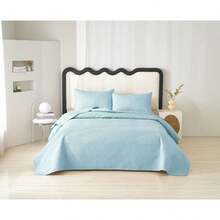 Quilted Bedspread Set With Pillowcases, Geometric Relief Design, Elegant Soft Coverlet For 90, 135, And 150 Beds, Multiple Sizes Available - BLUE - View 8