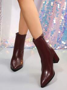 2024 New Women's Chunky High Heel Elastic Slim Fit Sock Boots Mid-Calf Ankle Boots - Burgundy - View 4