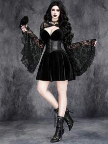 Women's Sexy Gothic Halloween Witch Costume: Deep V-Neck Stretch Velvet Dress With Lace Patchwork And Attached Cape - Black - View 6