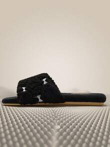 Women's Bowknot Flat Slippers, Indoor/Outdoor Fuzzy Plush Open Toe Slides For Autumn/Winter - Black - View 9