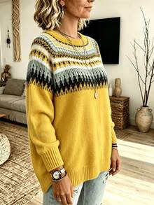 Plus Size Women's Fair Isle Knit Sweater, Autumn/Winter Round Neck Long Sleeve Geometric Pattern Loose Casual Pullover - Yellow - View 4