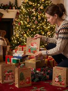 24pcs Set Of Christmas-Themed Printed Kraft Paper Gift Bags-Perfect For Party Favors, Table Decorations, Guest Gifts, And General Gift-Giving; An Ideal Choice For Holiday Gift Packaging. - Multicolor - View 3