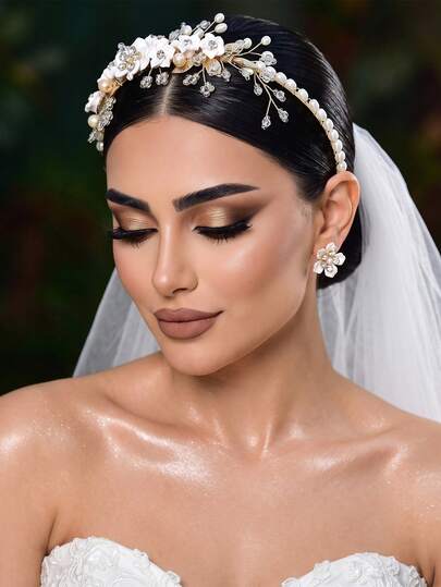 1pc Rhinestone Flower Bridal Headband, Shiny Alloy Leaf Faux Pearl Headband, Wedding Festival Women Hair Accessory