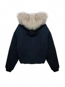 Mantel Pendek Berkerah Bulu Gaya Jalanan Amerika, Mantel Empuk Unisex, Mantel Streetwear Dekonstruksi - Hitam - View 3