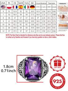 S925 Sterling Silver Vintage Scroll Carved Square Purple Zirconia Men's Wide Ring, Distressed Relief Design, Personalized Ring Gift Box Set - Silver - View 2