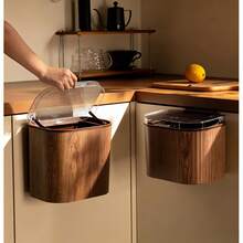 1PC Wall-Mounted Trash Can For Kitchen Cabinet, No-Drill Adhesive Trash Bin, Wood Grain Aesthetic Design, Large Horizontal Opening For Easy Waste Collection, Two Opening Methods: Flip Up Or Slide Down, Two Installation Options: Hook Or Adhesive, U-Shaped Slot Fits Most Cabinet Doors - Multi-color - View 4