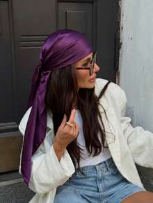 1PC Women Bright Solid Color Satin Bandana 90*90cm Smooth Silky Square Turban Headscarf Multi‑Way Wear Hair Decor For Ladies - Purple - View 4