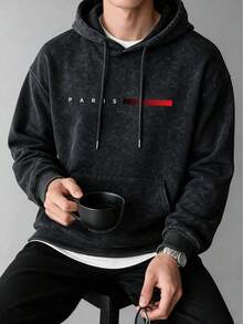 Men's Washed Distressed Hoodie Sweatshirt, Autumn/Winter, PARIS Letter Red Stripe Print, Loose Fit, Drawstring, Kangaroo Pocket, Pullover Top - Black - View 5