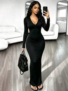 RNU Black Solid V-Neck Long Sleeve Knit Dress, Ribbed Elastic Soft Fabric, Slim Fit Bodycon With Side Slit, Long Length, Suitable For Daily Commute - Black - View 1