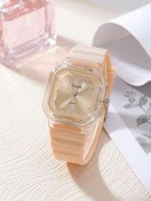 1pc Women Square Minimalist Fashionable Silicone Strap Quartz Watch, Suitable For Daily Wear - Beige - View 2