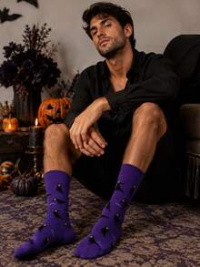 1 Pasang Kaos Kaki Halloween Setengah Betis, Gaya Musim Semi/Gugur, Bernapas dan Nyaman, Desain Motif Gagak Ungu Kartun, Modis, Sempurna untuk Malam Halloween, Cocok untuk Pesta - Purple - View 2