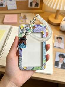 Retractable Anti-Loss Spring Rope Oil Painting Style ID Card Holder, Aesthetic Floral Design, Artistic Style Card Holder, Detachable, Exquisite Fashion Accessory, Badge/Card Display Protection Cover, Student ID Card Holder, Bus/Metro Card Holder, Non-Inductive, Bank Card Holder, Idol Merchandise Small Card Storage Sleeve, Portable ID Card Holder Decorative Keychain, Suitable For Office Workers, Nurses, Doctors, Teachers, Students, Etc., Gift For Family, Teachers, Close Friends, And Colleagues For Halloween, Back To School, Birthday, Valentine's Day. - Multicolor - View 2