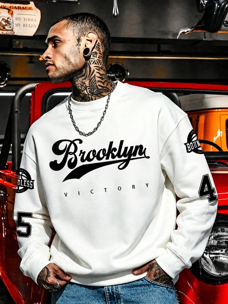 Men's "VICTORY" Graphic Print Crew Neck Pullover Sweatshirt, Streetwear Style, Autumn/Winter