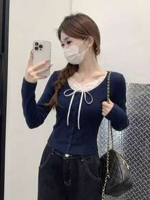 秋冬純蕾絲拼接鈕扣修身 2-in-1 長袖內搭 T-shirt 休閒風 - 藏蓝色 - 查看 3