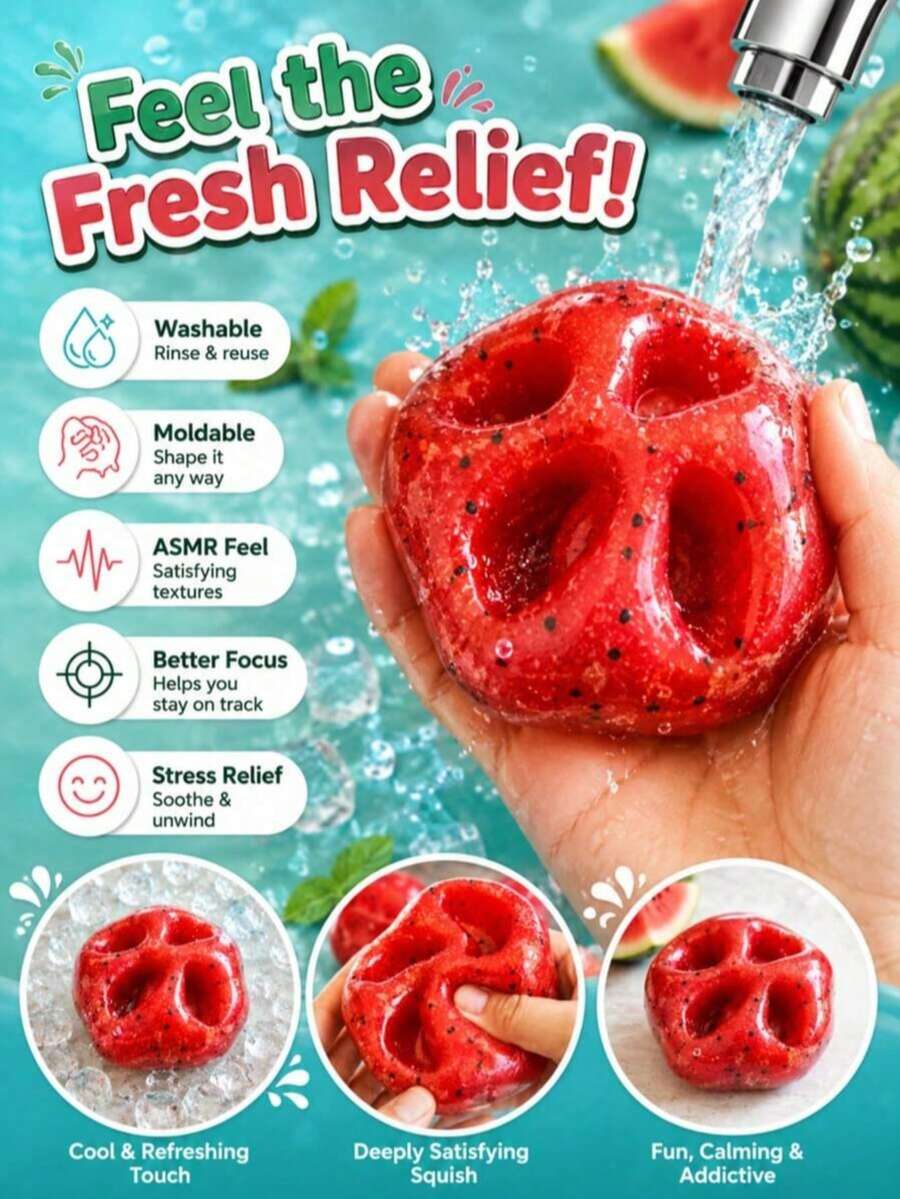 somoving Watermelon Smoothie Mash Squishy Ball 1Pc, Handmade DIY Squeeze Toy With Satisfying Crunchy Sound For Stress Release - Multicolor - View 1