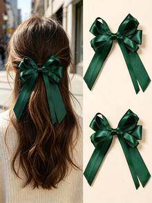 2pcs Green Ribbon Bow Hair Clips, Green Satin Ribbon Hair Accessories, Suitable For Daily Wear And Outings, Perfect Gift Choice - Green - View 5