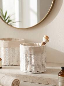 1pc Handwoven Paper Rope Storage Basket With Fabric Liner, Cylindrical Desktop Organizer Bin, Boho Farmhouse Home Decor For Vanity Makeup Brushes, Stationery, Kitchen Countertop, Bedroom Shelf Sundries Organizer - Multicolor - View 2