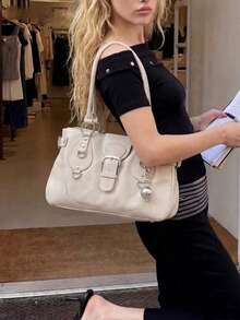 Tote Bag With Metal Buckle Decor Design, Large Capacity Storage Space, Zipper And Snap Closure, Handheld Underarm Bag Style, Suitable For Daily Outings And Commuting Occasions, Versatile For Various Outfit Styles, Exquisite Craftsmanship, Meets Diverse Carrying Needs - Beige - View 4