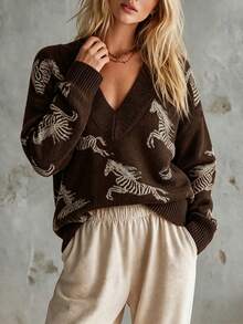 Women's V-Neck Long Sleeve Sweater, Suitable For Autumn Wear, Vintage Brown Zebra Print V-Neck Pullover Knit Sweater, Loose Slouchy, Slimming Soft Niche Design, Commute Casual Versatile Top - Coffee Brown - View 3