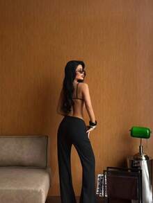 Celana Panjang Wanita Model Lebar Bahan Rajut Hitam, Elastis Sedang, Cocok untuk Pemakaian Sehari-hari - Hitam - View 3