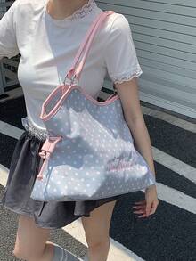 Embroidered Polka Dot Tote Bag, Y2K Sweet Cool Style, Large Capacity Shoulder Bag For Commuting, No Pendant, No Pendant - Grey - View 3