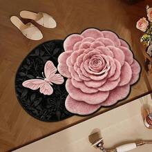 1pc Pink Butterfly Black Floral Bathroom Mat, Suitable For Doorway, Bathroom, Bedroom, Kitchen, Home Decor, Valentine's Day Gift, Hand-Cut With 1-5cm Error, Kitchen Decor, Bathroom Mat, Bathroom Rug, Door Mat, Small Rug, Carpet, Floor Mat, Home Decor, Area Rug, Outdoor Mat, Home Decor, Bedroom Rug, Machine Washable - Multicolor - View 4