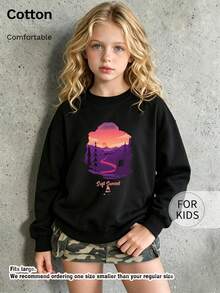 Children's Crew Neck Sweatshirt, Soft Sunset Mountain Landscape Print Pure Cotton Pullover, Soft Casual Long Sleeve Top - Black - View 3