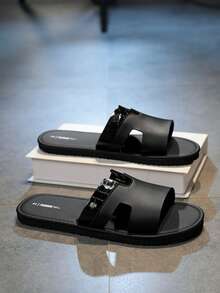 2026 Summer New Men's Versatile Crocodile Pattern Patchwork H-Shaped One-Strap Flat Casual Slide Sandals - Black - View 1