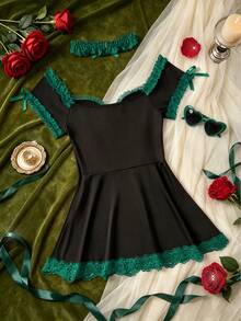 Women's Sexy 2 Pieces Maid Uniform Set, Bowknot Lace Collar, Deep V-Neck Bowknot Lace Contrast Color Lingerie Dress - Dark Green - View 3