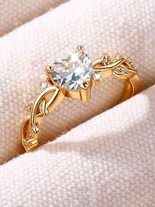 1pc Fashion New Pink Heart-Shaped Cubic Zirconia Inlaid Ring, Women's Engagement Jewelry, Suitable For Men And Women, Gift For Family/Friends/Lovers/Valentine's Day - Gold - View 4