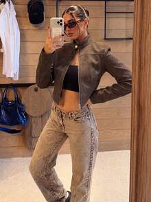 Women's Autumn/Winter Brown Faux Suede Short Motorcycle Jacket, Stand Collar Zipper For Daily Wear, Back To School Halloween And Christmas Outfits - Coffee Brown - View 2
