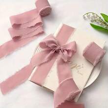 Pink Frayed Edge Chiffon Silk-Feel Tassel Ribbon Roll, Hand-Torn Edge Gift Wrapping Ribbon, Suitable For Wedding Invitations, Bouquet DIY Handmade Decoration, Halloween And Christmas Decoration, Bow Ribbon - Multiple Styles - View 9