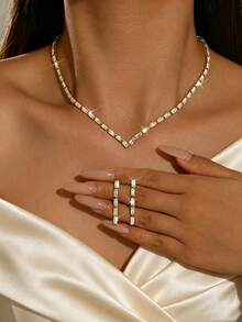 Minimalist Women's Trapezoid V-Neck Necklace & Stud Earrings Set, Suitable For Banquet, Wedding, Vacation, Holiday, Party - Gold - View 5