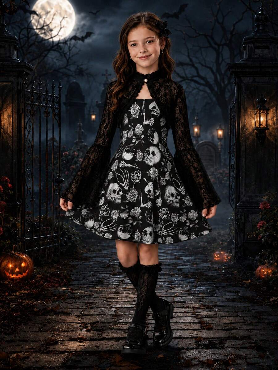 Tween Girl Halloween Lace Jacket And Funny Skeleton Print Spaghetti Strap Dress Set - Black and White - View 1