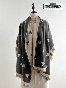 1pc Faux Cashmere Minimalist Elegant Heart Pattern Jacquard Warm Scarf For Women, Air Conditioning Room Blanket, Autumn Winter Outdoor Travel Cold Protection Neck Guard Soft Decorative Scarf Shawl Dual Use Suitable For Daily Matching, First Choice Gift - Grey - View 1